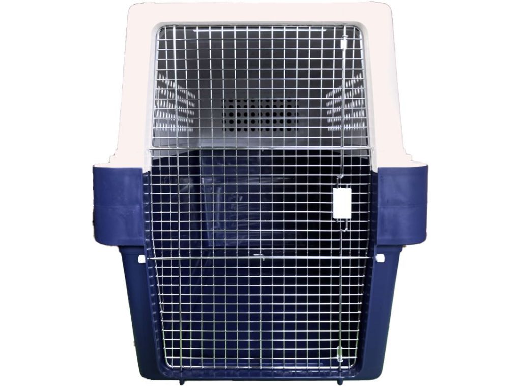 PP-100 IATA LAR certified plastic pet kennel crate. Length: 131 cm. Width: 80 cm. Height: 100 cm. Front view.