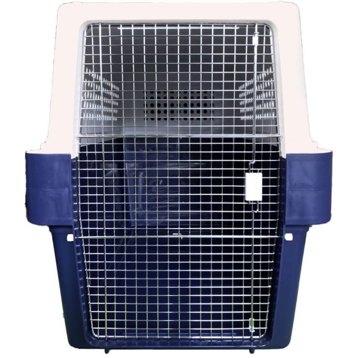 PP-100 IATA LAR certified plastic pet kennel crate. Length: 131 cm. Width: 80 cm. Height: 100 cm. Front view.