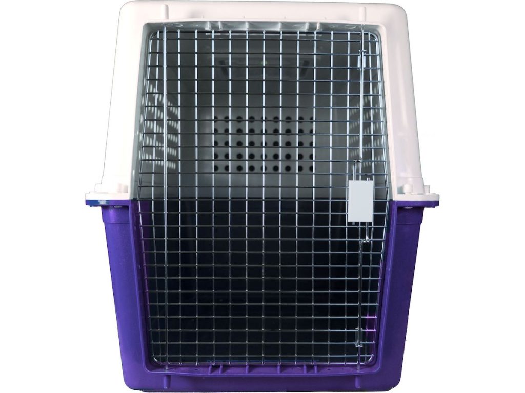 PP-60N IATA LAR certified plastic pet kennel crate. Length: 100 cm. Width: 63 cm. Height: 70 cm. Front view.