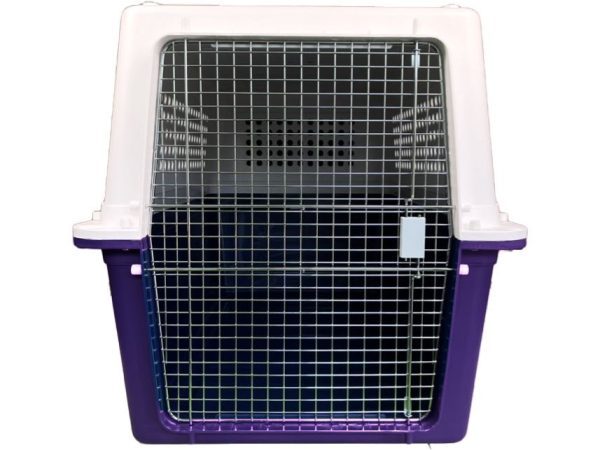 PP-90 IATA LAR certified plastic pet kennel crate. Length: 131 cm. Width: 80 cm. Height: 85 cm. Front view.