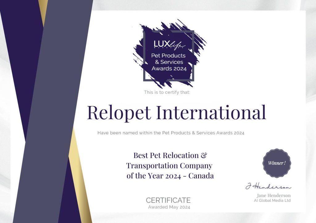 Relopet International Certificate of Award - Best Pet Relocation & Transportation Company 2024 - Canada