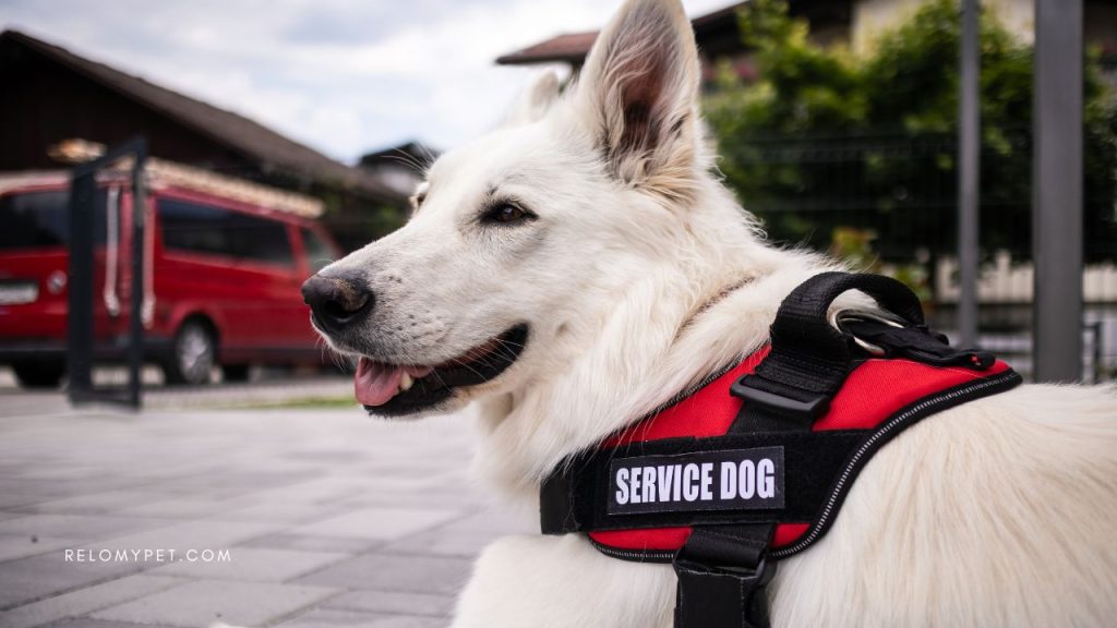 A white service dog in the black and red harness with a sign 'Service Dog' on it