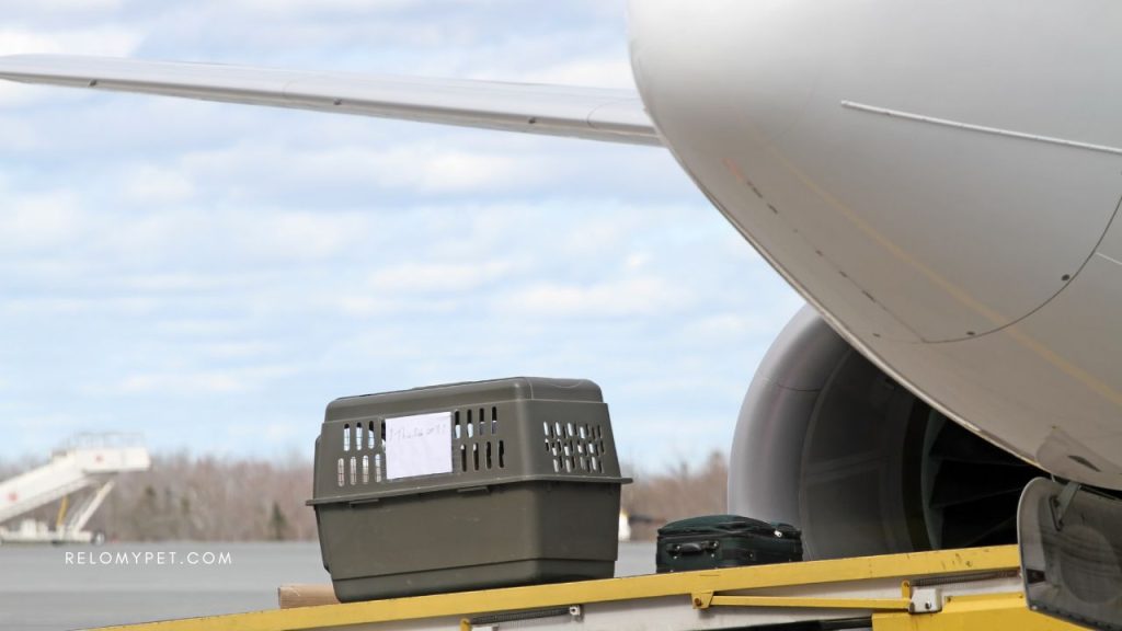 Pet travel crate on the tarmac of the plane cargo section